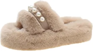 Women's Pearl Plush Fuzzy Slippers - Cute Chic Versatile Pretty Platform Slippers, Open Toe, Non-Slip House Fluffy Faux Fur Lined Slide Shoes