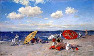 WONDERFULITEMS at The Seaside Beach Sun Umbrellas Seascape American 1892 Painting by William Merritt Chase 14" X 24" Image Size ON Canvas REPRO
