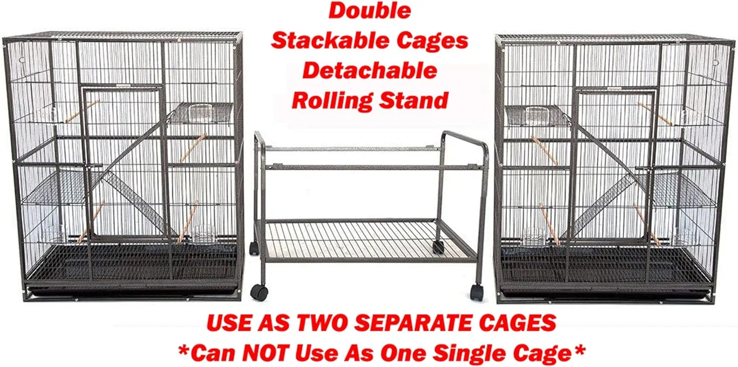 X-Large Double Stacker Wrought Iron Cage Bird Flight Parrot Breeding Breeder Cage Side Breeding Door Easy Clean Pull Out Tray Removable Rolling Stand Cockatiel Conure Canary Aviary Finches Budgies