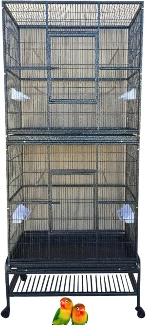 X-Large Double Stacker Wrought Iron Cage Bird Flight Parrot Breeding Breeder Cage Side Breeding Door Easy Clean Pull Out Tray Removable Rolling Stand Cockatiel Conure Canary Aviary Finches Budgies