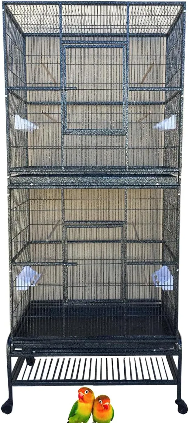X-Large Double Stacker Wrought Iron Cage Bird Flight Parrot Breeding Breeder Cage Side Breeding Door Easy Clean Pull Out Tray Removable Rolling Stand Cockatiel Conure Canary Aviary Finches Budgies