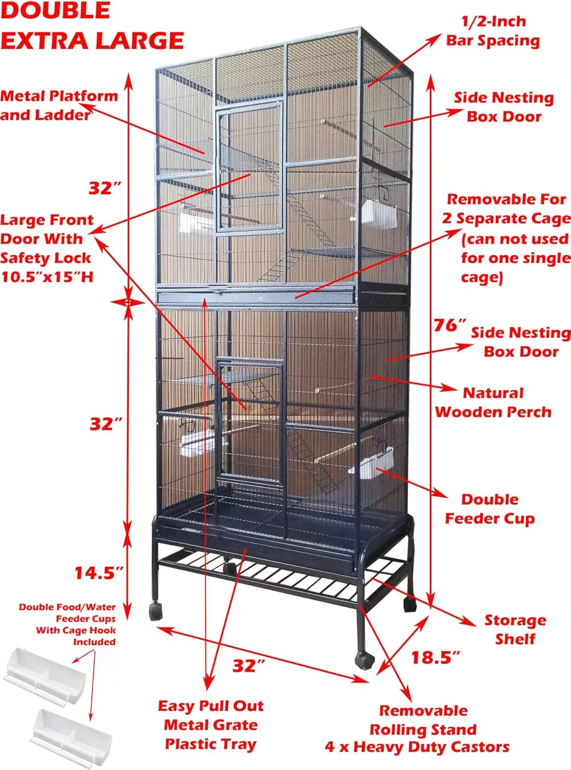 X-Large Double Stacker Wrought Iron Cage Bird Flight Parrot Breeding Breeder Cage Side Breeding Door Easy Clean Pull Out Tray Removable Rolling Stand Cockatiel Conure Canary Aviary Finches Budgies