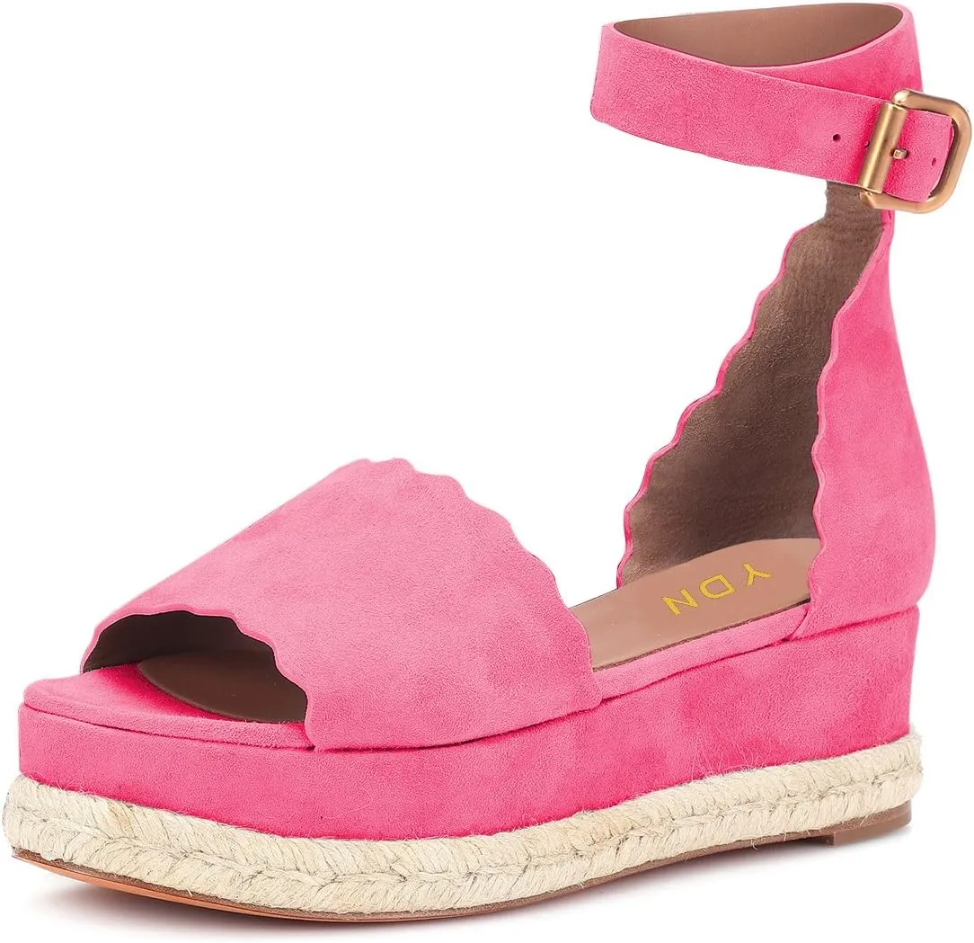 YDN Women Open Toe Platform Espadrille Sandals Ankle Strap Wedge Heel Pumps Wavy Edge Summer Shoes