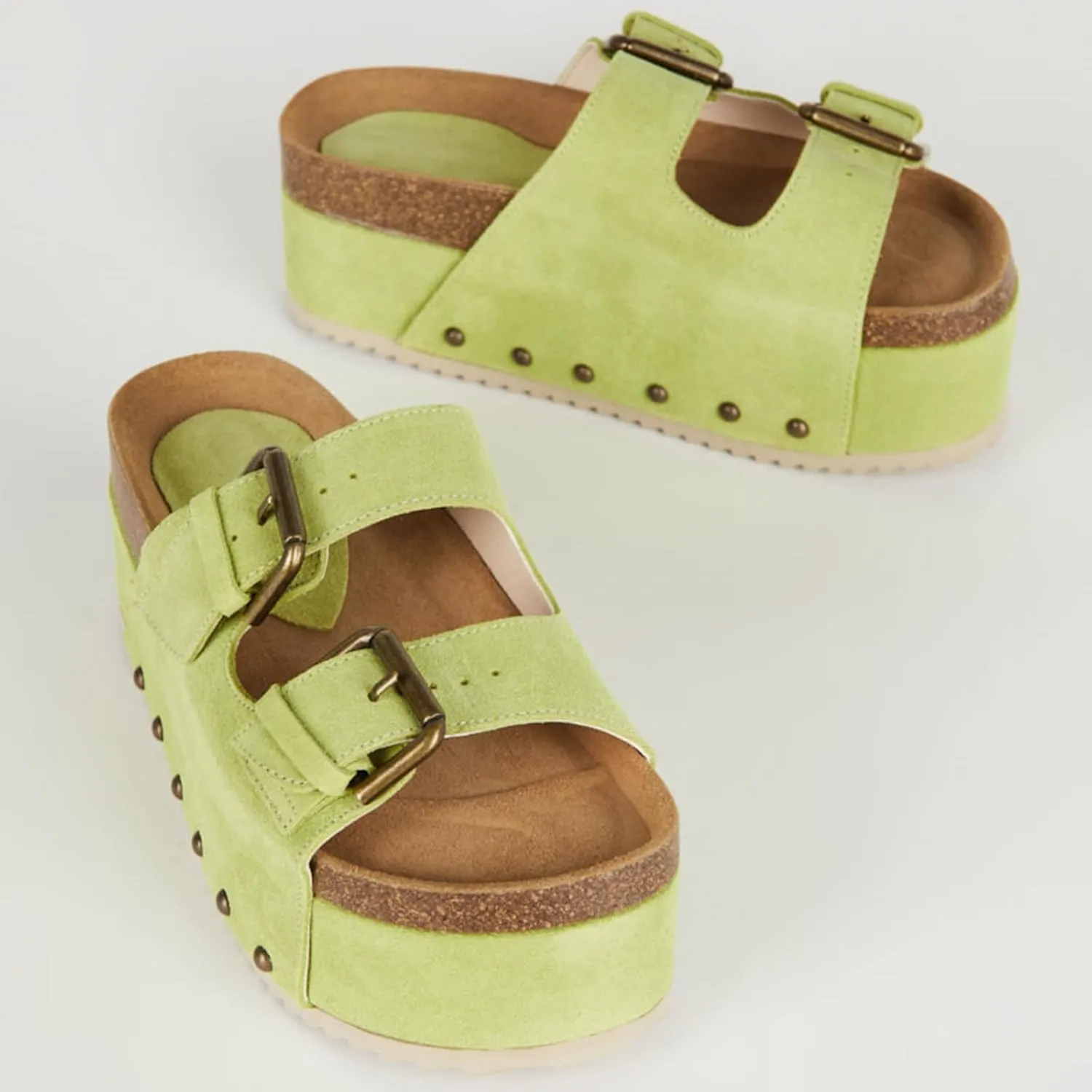 Yishaweiqi Women's Suede Platform Sandals Comfortable Cork Footbed Studded Flatform Sandals Adjustable Buckle Straps Flat Clogs Slide Sandals