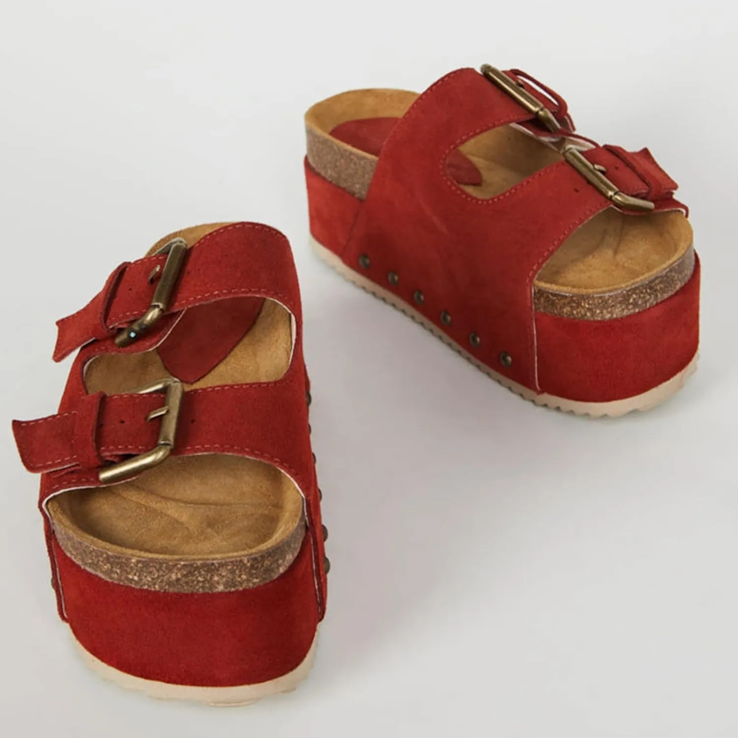 Yishaweiqi Women's Suede Platform Sandals Comfortable Cork Footbed Studded Flatform Sandals Adjustable Buckle Straps Flat Clogs Slide Sandals
