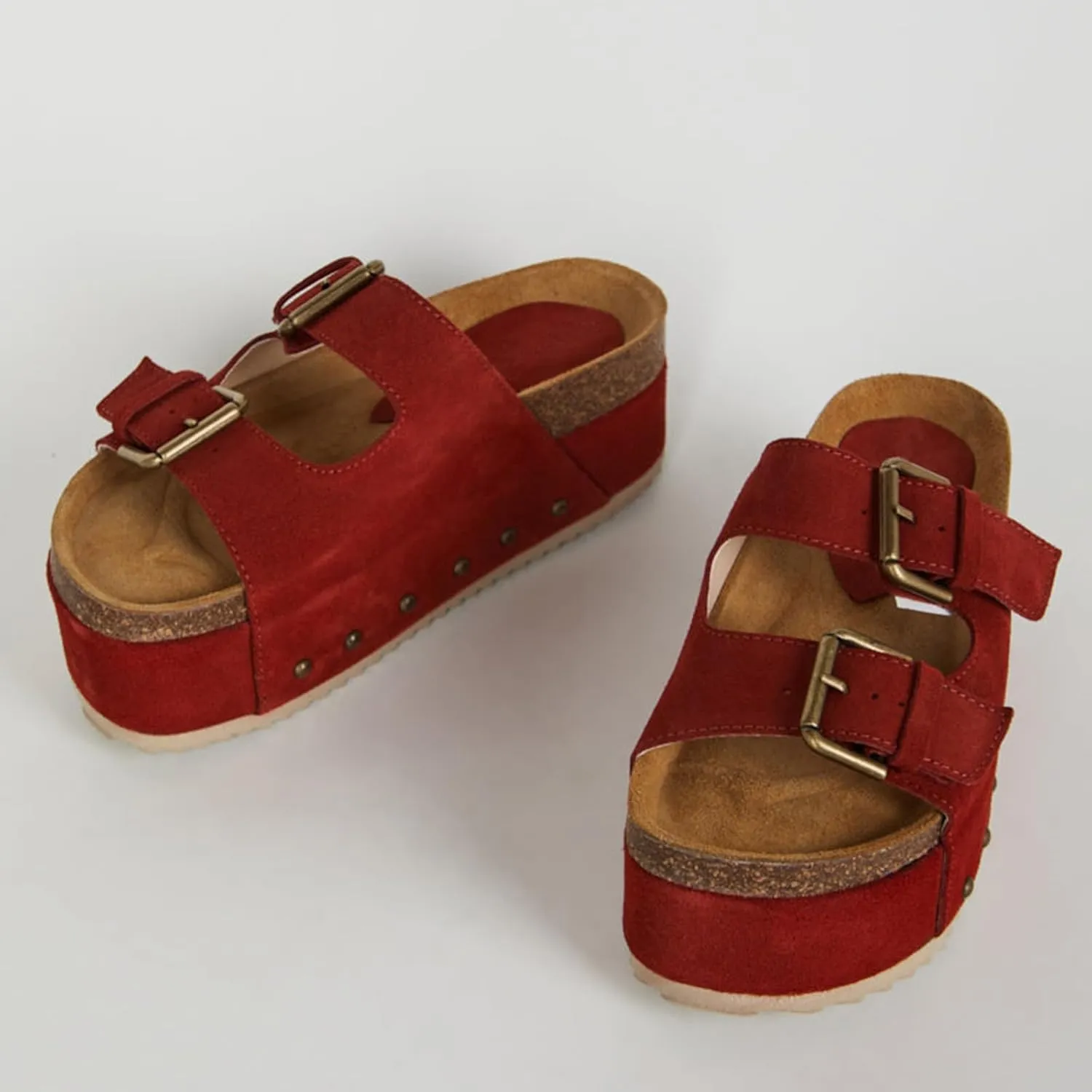 Yishaweiqi Women's Suede Platform Sandals Comfortable Cork Footbed Studded Flatform Sandals Adjustable Buckle Straps Flat Clogs Slide Sandals
