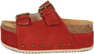 Yishaweiqi Women's Suede Platform Sandals Comfortable Cork Footbed Studded Flatform Sandals Adjustable Buckle Straps Flat Clogs Slide Sandals