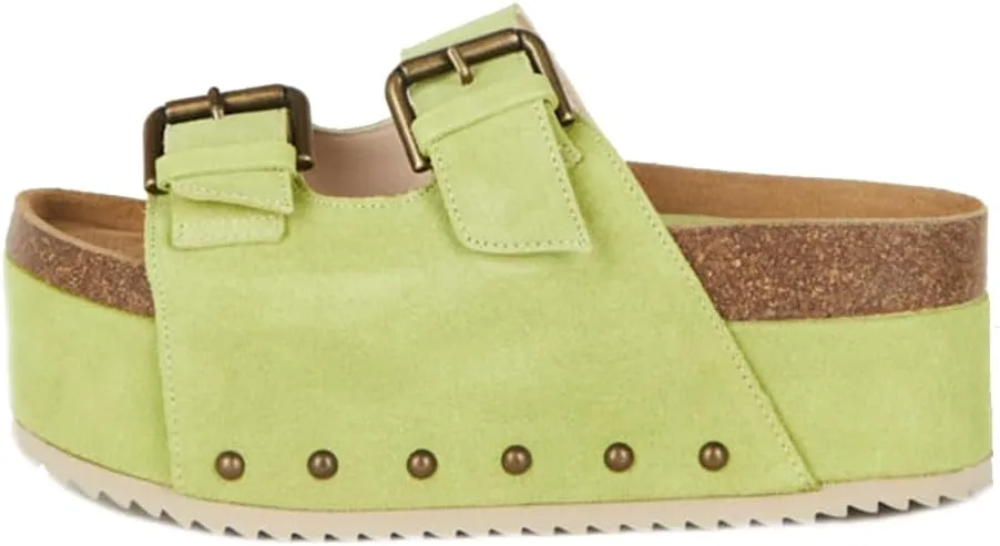 Yishaweiqi Women's Suede Platform Sandals Comfortable Cork Footbed Studded Flatform Sandals Adjustable Buckle Straps Flat Clogs Slide Sandals