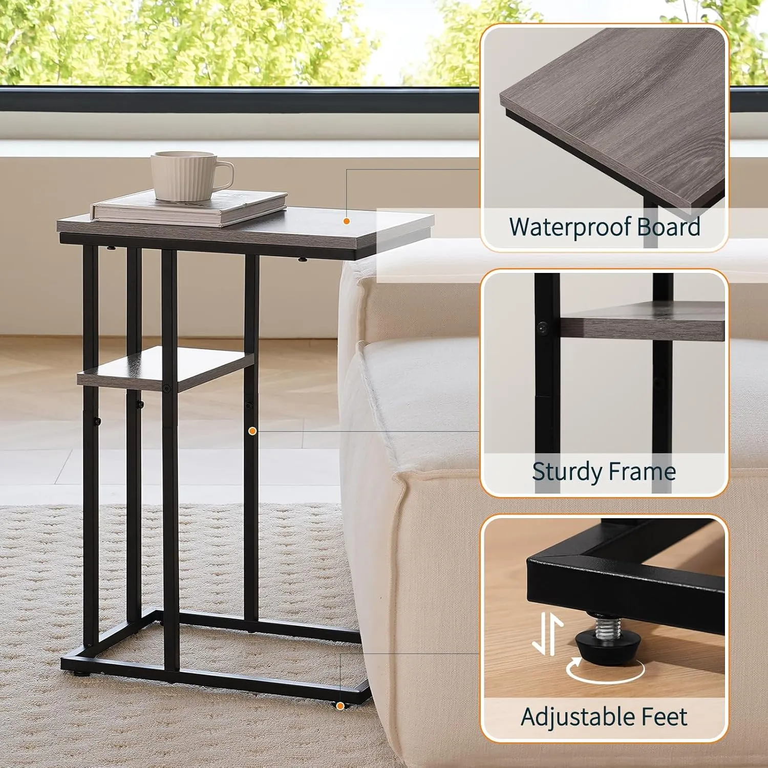 Yoobure C Shaped End Table, Side Table for Couch and Bed, Small Side Tables for Small Spaces, Living Room, Bedroom, Rustic Snack Tables