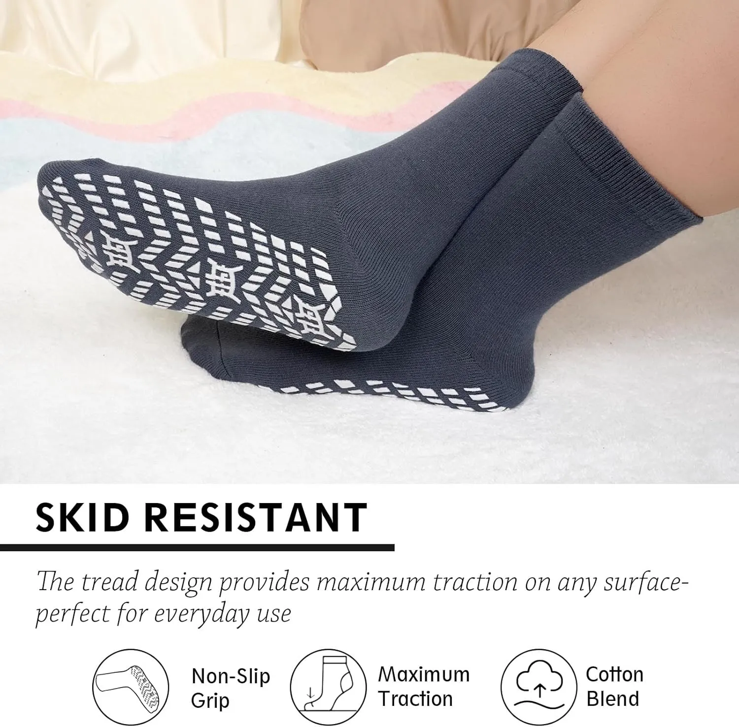 ZAKASA Non Slip Grip Socks - Non Skid Crew Grippy Socks for Men Women Anti Slip Grippers for Elderly Hospital Yoga Pilates